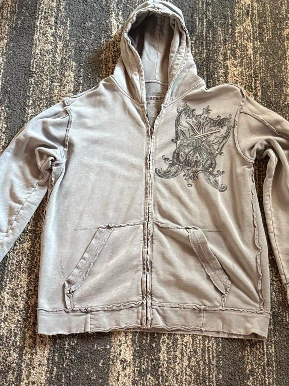 Affliction Gray Full-Zip Hoodie with Ornate Chest Crest